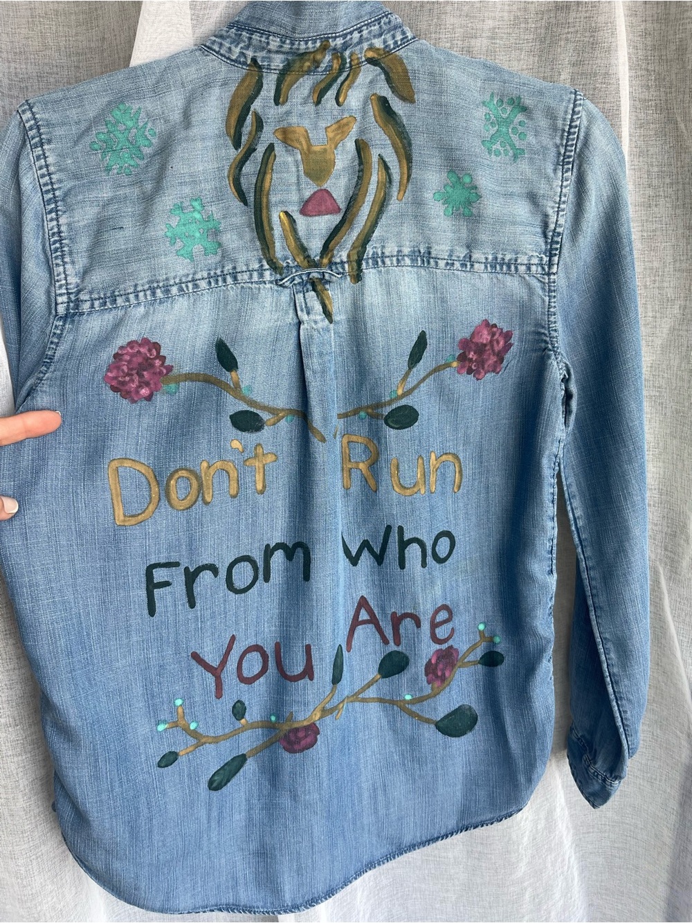 Hand-Painted Narnia-Inspired Denim Shirt, American Eagle Boyfriend Fit, Women's